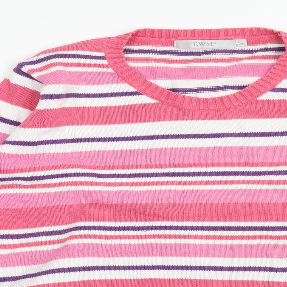 EWM Womens Pink Round Neck Striped Cotton Pullover Jumper Size L - Size 18-20