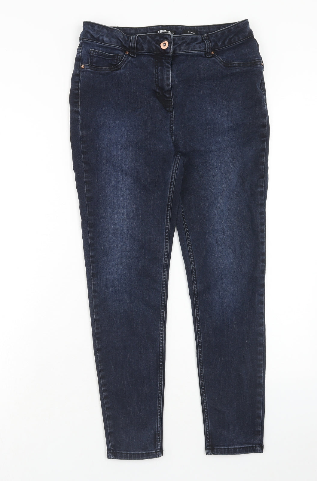 TU Womens Blue Herringbone Cotton Skinny Jeans Size 14 Regular Zip
