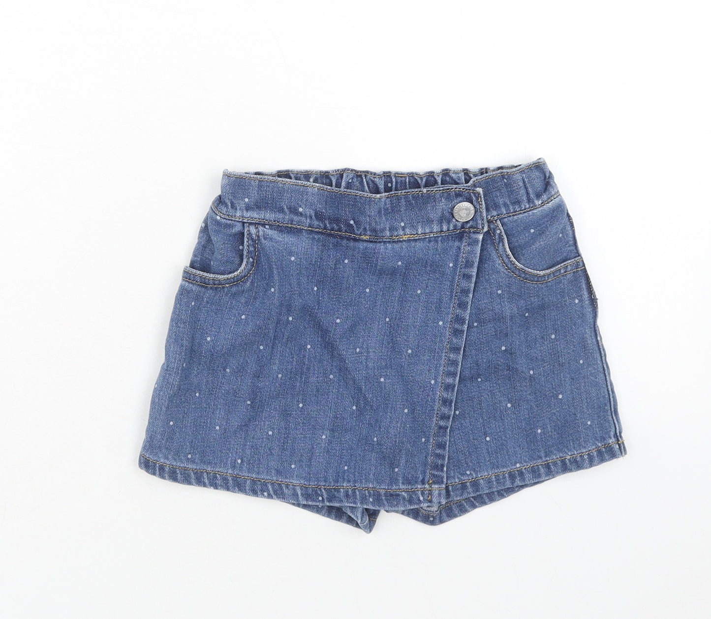 Marks and Spencer Girls Blue Polka Dot Cotton Mini Skort Size 4-5 Years Regular Button