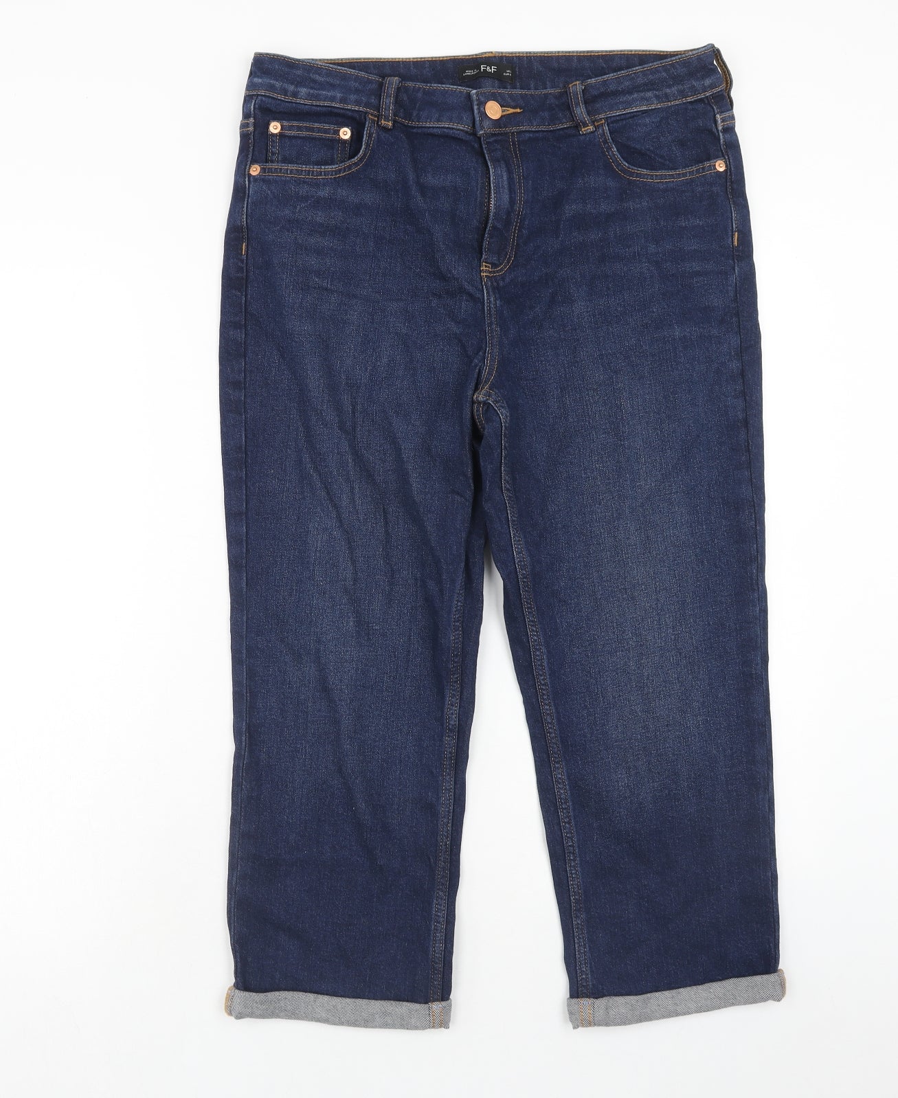 F&F Womens Blue Cotton Straight Jeans Size 14 Regular Zip