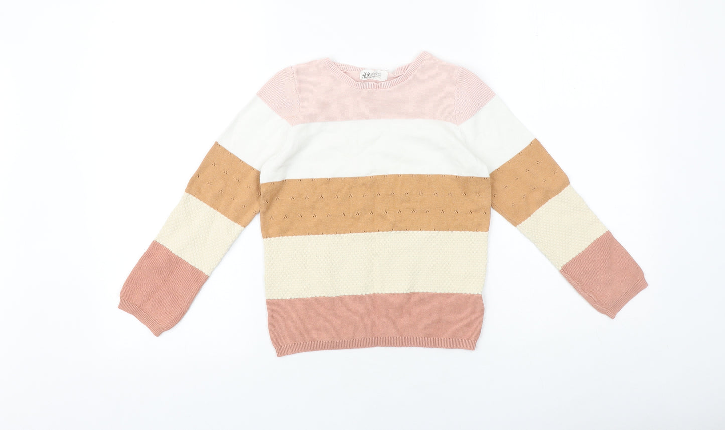 H&M Girls Multicoloured Round Neck Striped 100% Cotton Pullover Jumper Size 7-8 Years Pullover