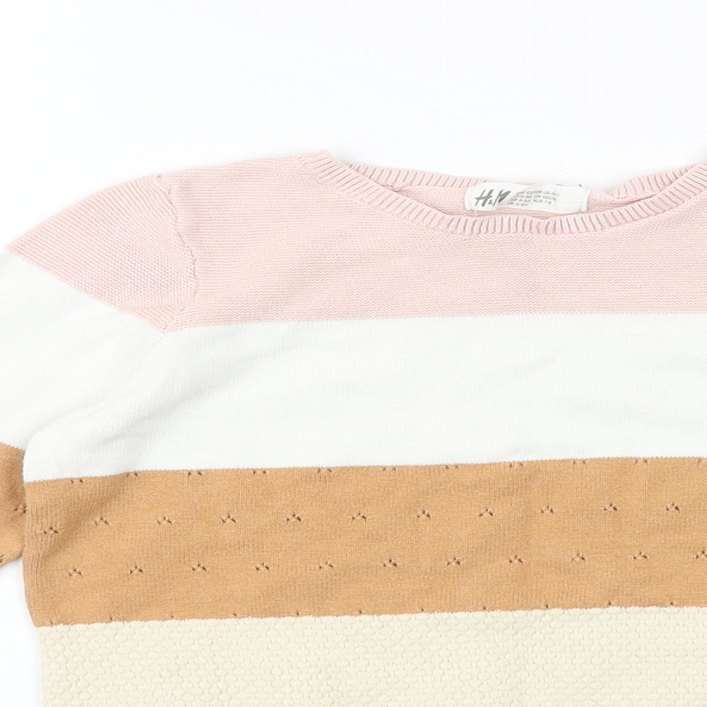 H&M Girls Multicoloured Round Neck Striped 100% Cotton Pullover Jumper Size 7-8 Years Pullover