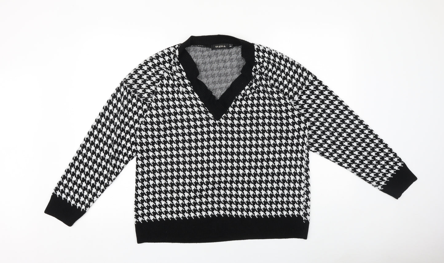 NAANAA Womens Black V-Neck Geometric 100% Cotton Pullover Jumper Size M