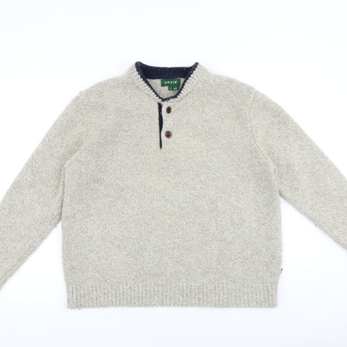 Orvis Mens Beige Round Neck Wool Pullover Jumper Size L Long Sleeve