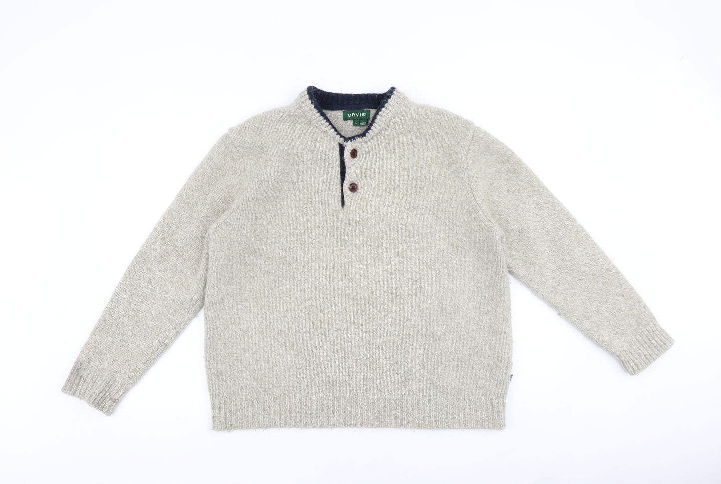 Orvis Mens Beige Round Neck Wool Pullover Jumper Size L Long Sleeve