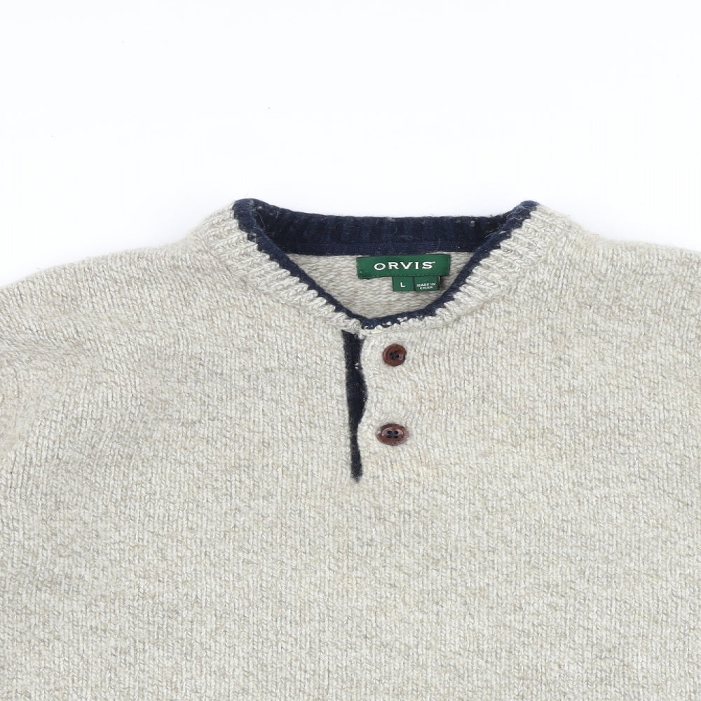 Orvis Mens Beige Round Neck Wool Pullover Jumper Size L Long Sleeve