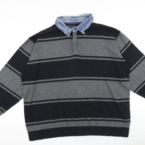 Marks and Spencer Mens Grey Collared Striped Cotton Pullover Jumper Size 2XL Long Sleeve