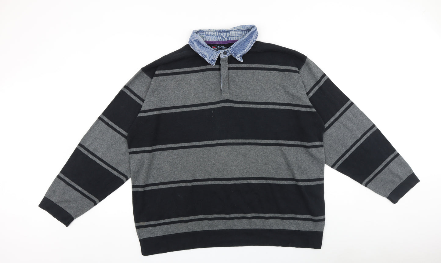 Marks and Spencer Mens Grey Collared Striped Cotton Pullover Jumper Size 2XL Long Sleeve