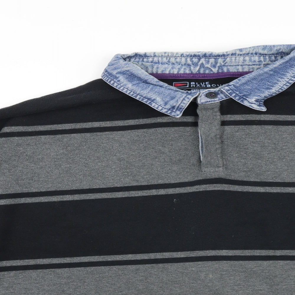 Marks and Spencer Mens Grey Collared Striped Cotton Pullover Jumper Size 2XL Long Sleeve