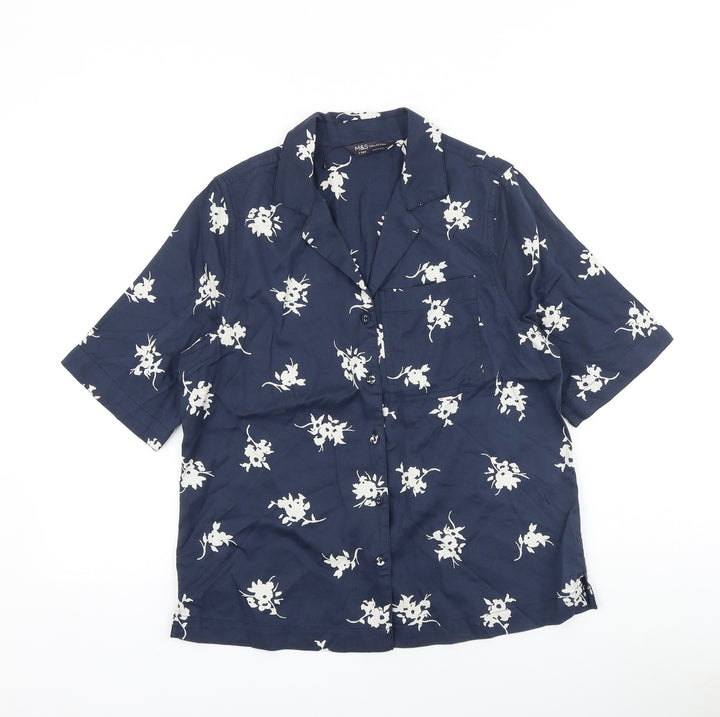 Marks and Spencer Womens Blue Geometric 100% Cotton Basic Button-Up Size 6 V-Neck