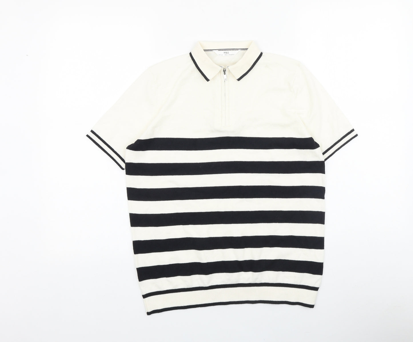 Marks and Spencer Boys White Striped 100% Cotton Basic Polo Size 14-15 Years Collared Zip