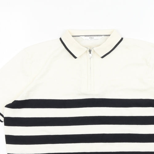 Marks and Spencer Boys White Striped 100% Cotton Basic Polo Size 14-15 Years Collared Zip