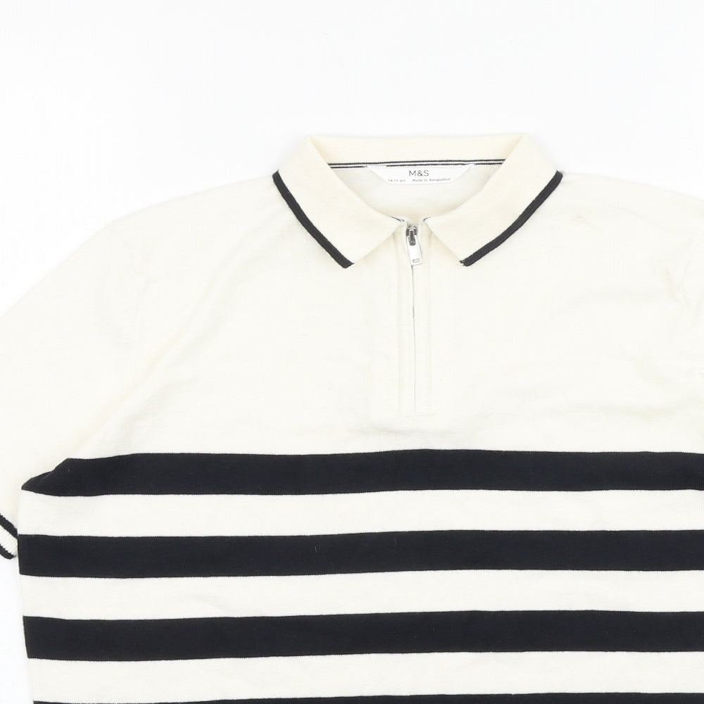 Marks and Spencer Boys White Striped 100% Cotton Basic Polo Size 14-15 Years Collared Zip