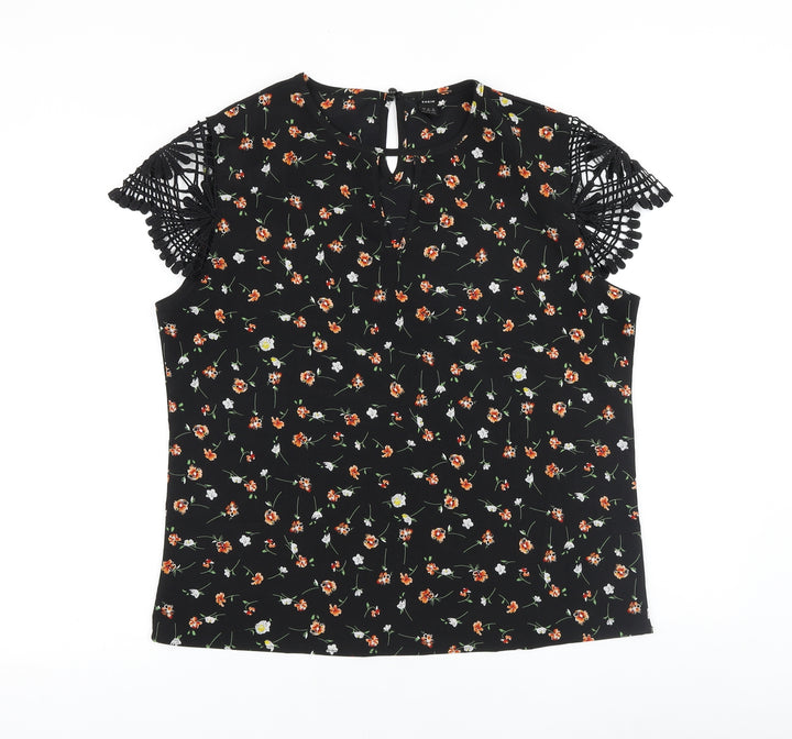 SheIn Womens Black Geometric Polyester Basic Blouse Size L Round Neck - Lace Detail
