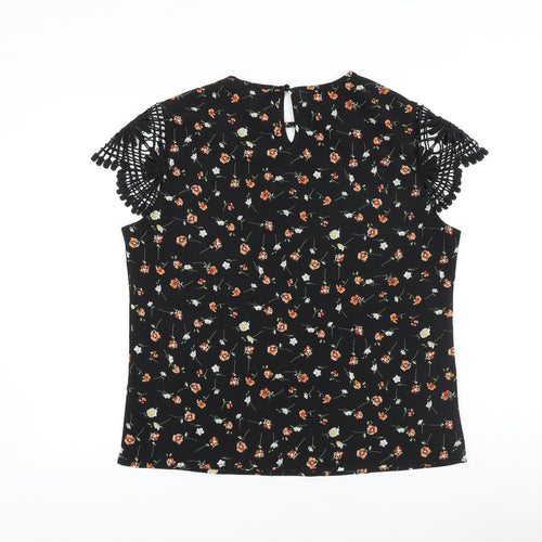 SheIn Womens Black Geometric Polyester Basic Blouse Size L Round Neck - Lace Detail