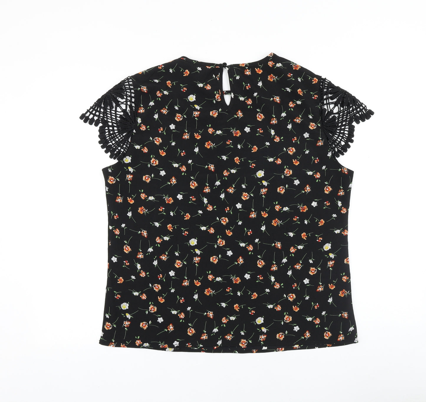 SheIn Womens Black Geometric Polyester Basic Blouse Size L Round Neck - Lace Detail