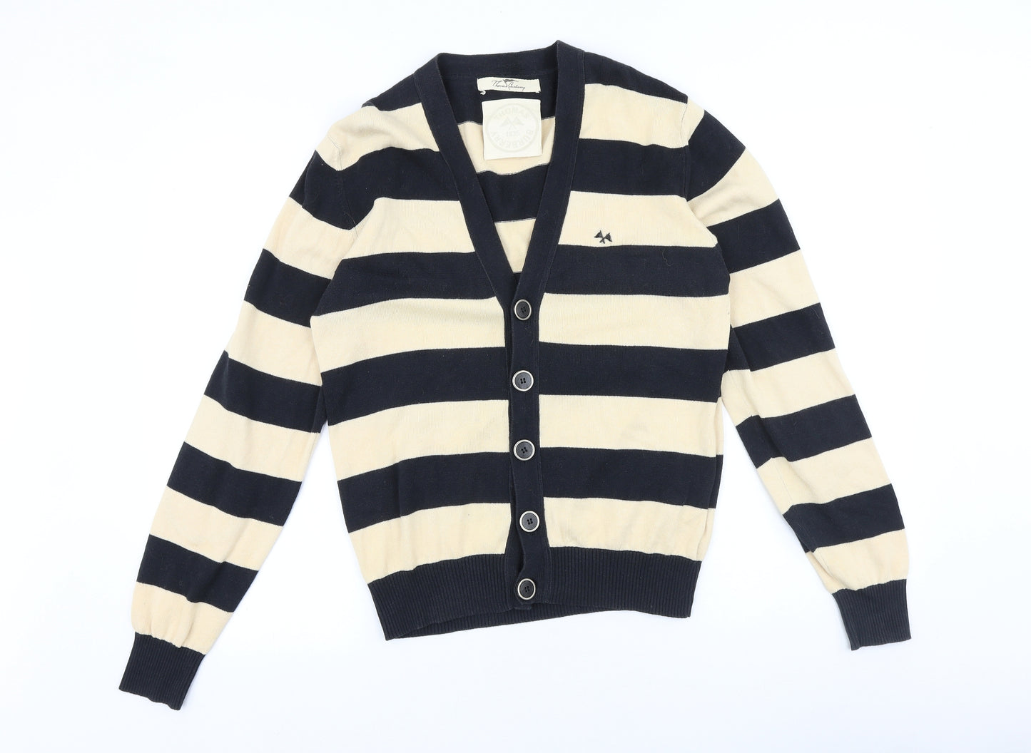 Thomas Burberry Mens Black V-Neck Striped Cotton Cardigan Jumper Size M Long Sleeve - Elbow Patches