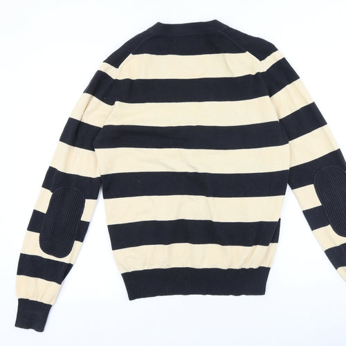 Thomas Burberry Mens Black V-Neck Striped Cotton Cardigan Jumper Size M Long Sleeve - Elbow Patches