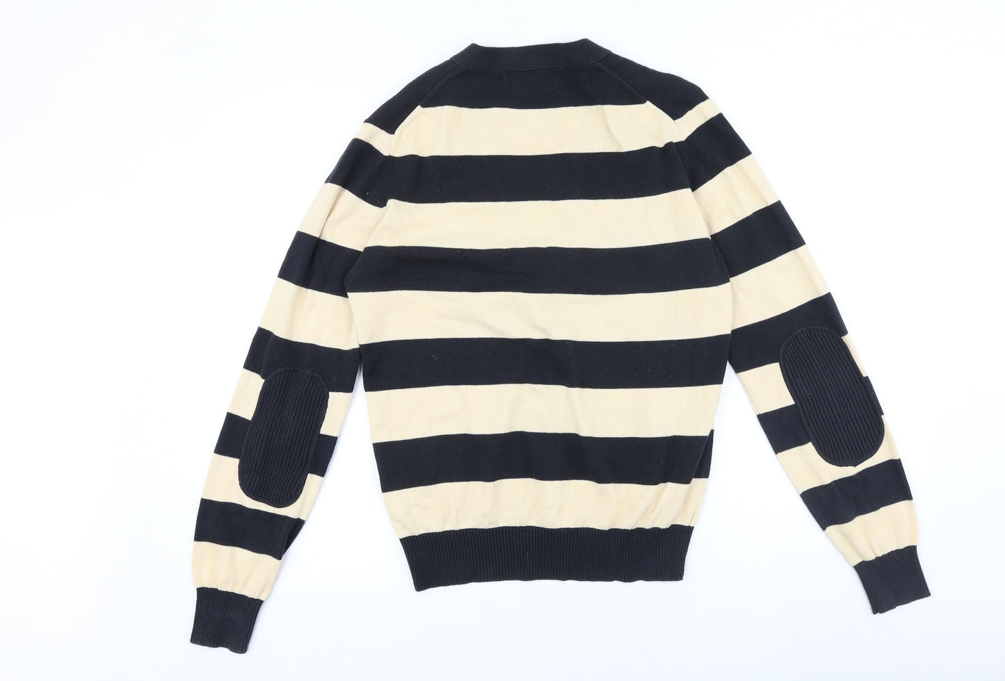 Thomas Burberry Mens Black V-Neck Striped Cotton Cardigan Jumper Size M Long Sleeve - Elbow Patches