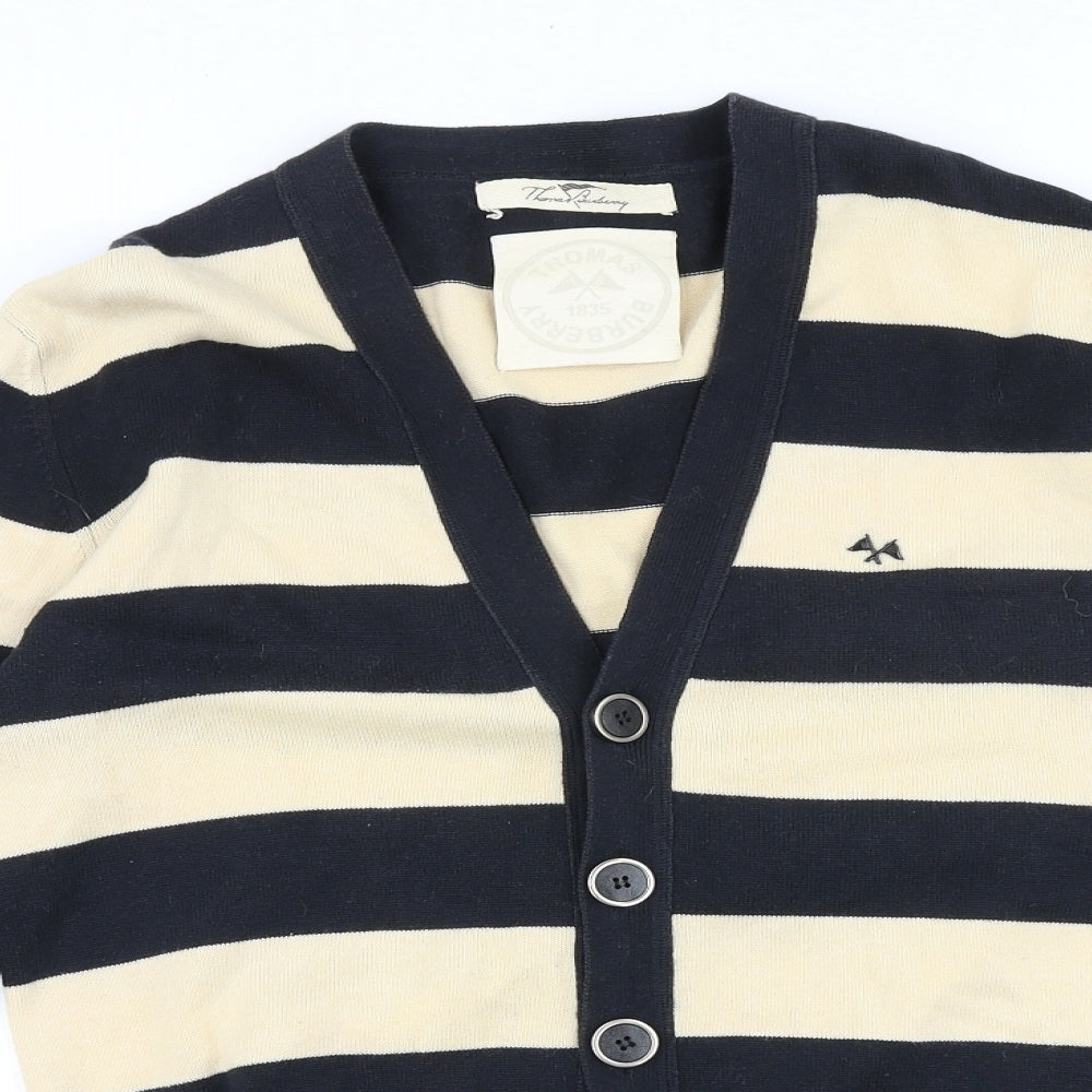 Thomas Burberry Mens Black V-Neck Striped Cotton Cardigan Jumper Size M Long Sleeve - Elbow Patches