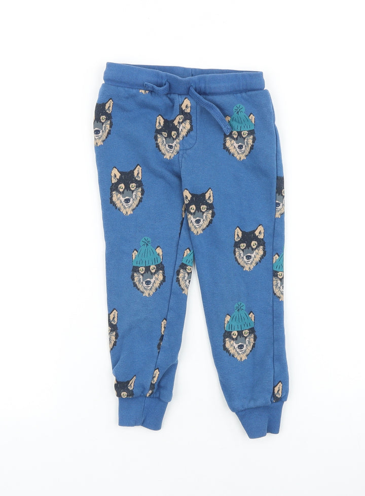 Marks and Spencer Boys Blue Geometric 100% Cotton Jogger Trousers Size 3-4 Years Regular Drawstring - Wolf
