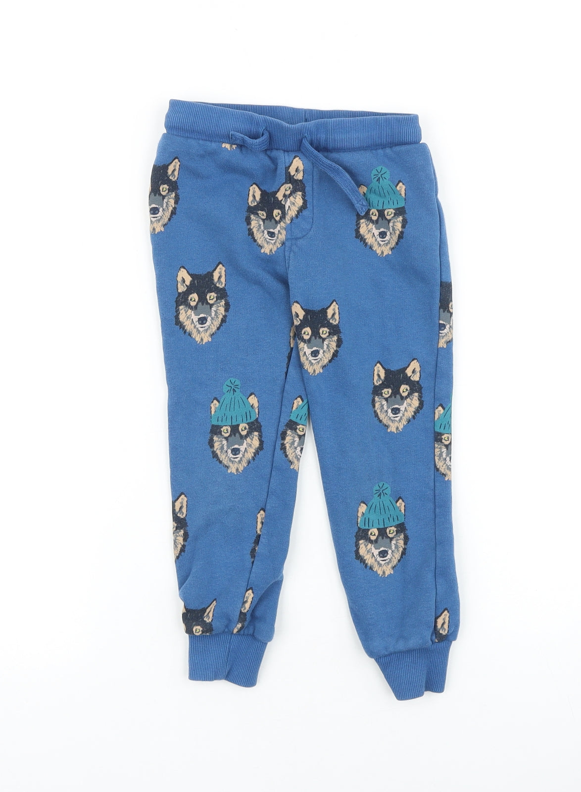 Marks and Spencer Boys Blue Geometric 100% Cotton Jogger Trousers Size 3-4 Years Regular Drawstring - Wolf