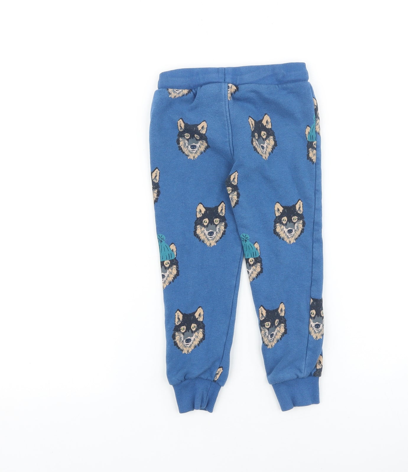 Marks and Spencer Boys Blue Geometric 100% Cotton Jogger Trousers Size 3-4 Years Regular Drawstring - Wolf