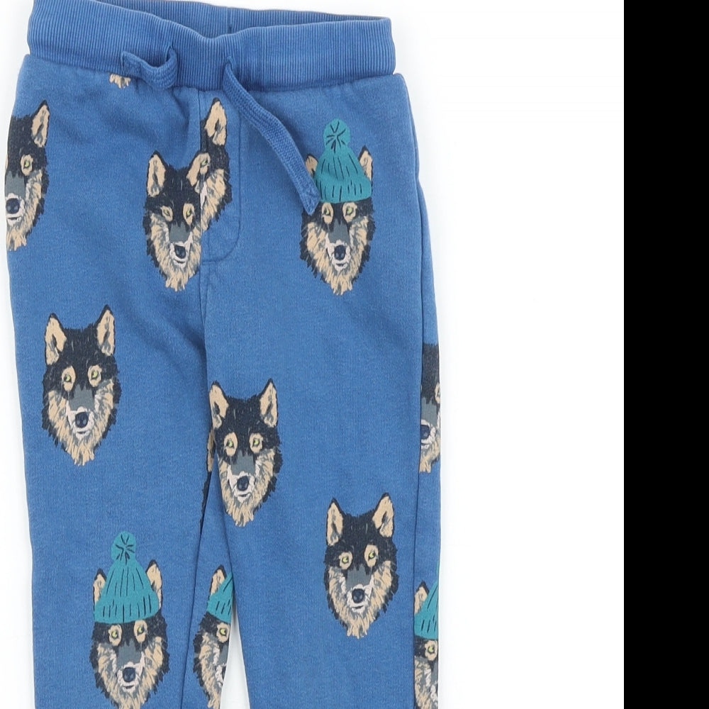 Marks and Spencer Boys Blue Geometric 100% Cotton Jogger Trousers Size 3-4 Years Regular Drawstring - Wolf