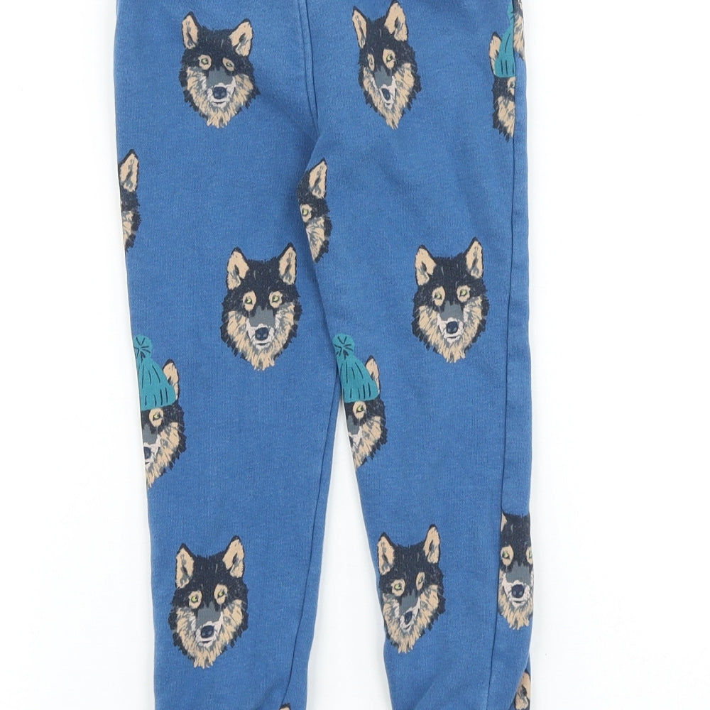 Marks and Spencer Boys Blue Geometric 100% Cotton Jogger Trousers Size 3-4 Years Regular Drawstring - Wolf