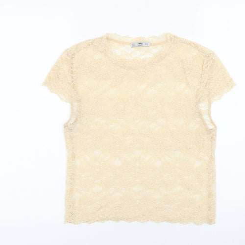 Zara Womens Ivory Geometric Polyamide Basic T-Shirt Size S Round Neck