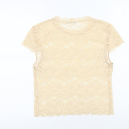 Zara Womens Ivory Geometric Polyamide Basic T-Shirt Size S Round Neck