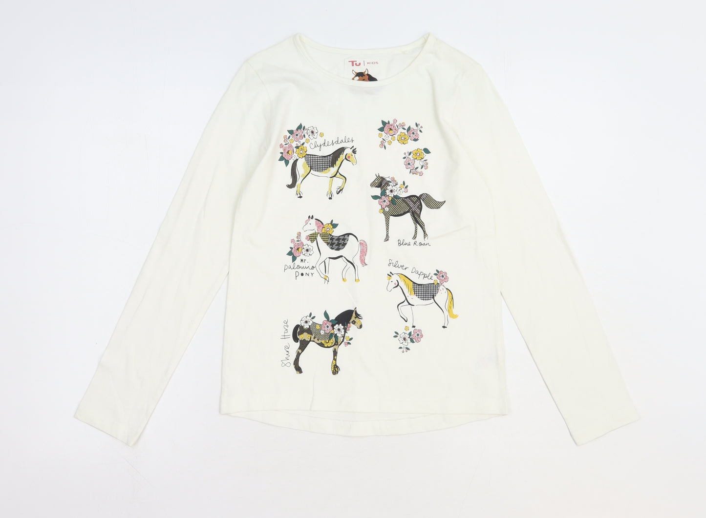 TU Girls White 100% Cotton Basic T-Shirt Size 11 Years Round Neck Pullover - Horses