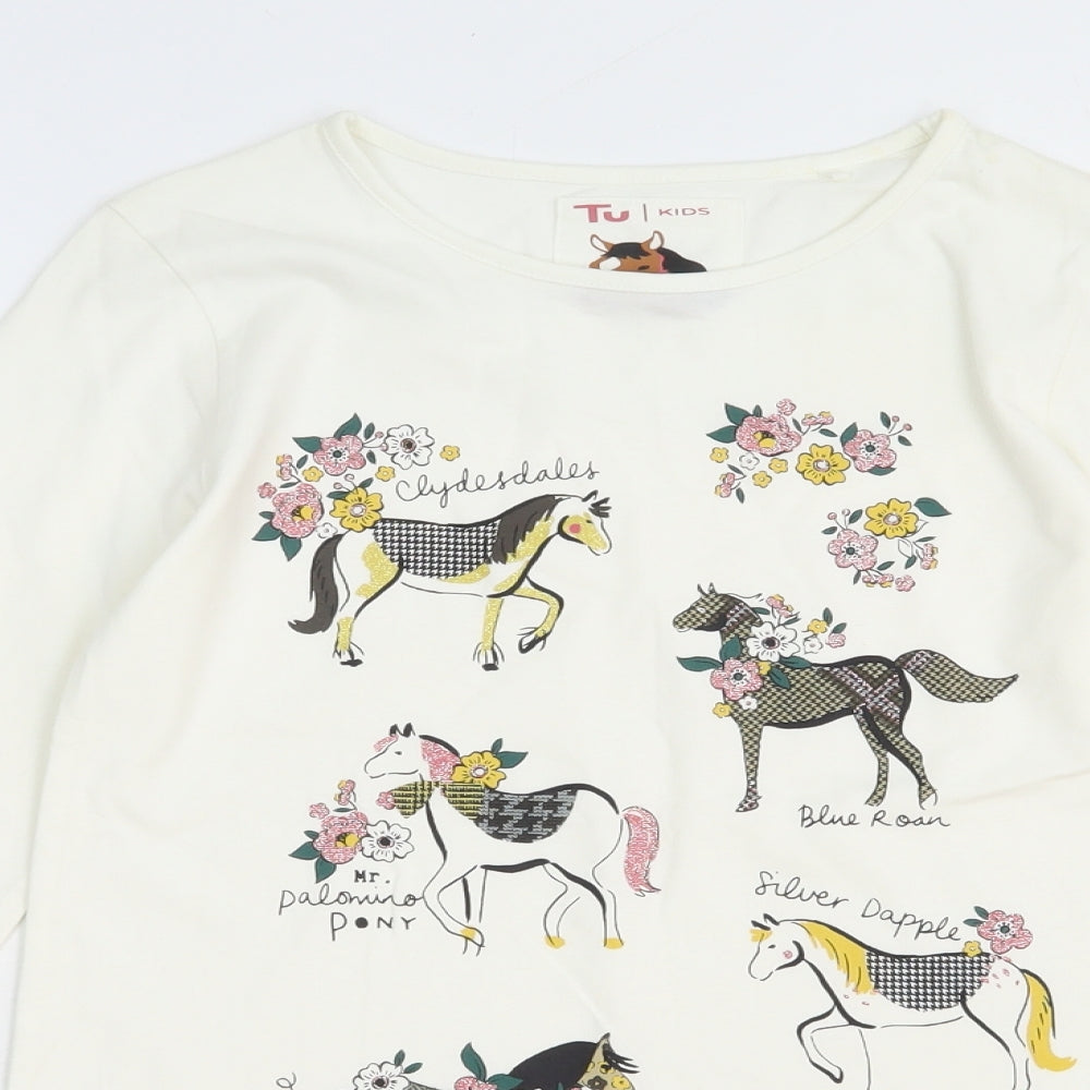 TU Girls White 100% Cotton Basic T-Shirt Size 11 Years Round Neck Pullover - Horses