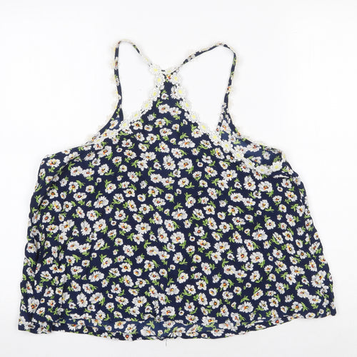 Fun & Flint Womens Blue Floral Viscose Camisole Tank Size L Scoop Neck - Racerback