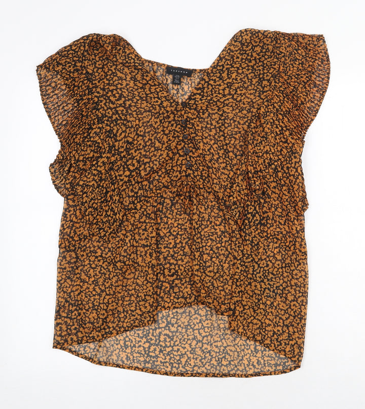 Topshop Womens Orange Animal Print Polyester Basic Blouse Size 8 V-Neck - Leopard Print