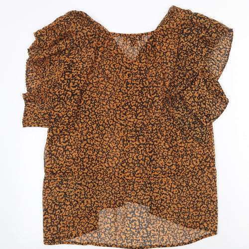 Topshop Womens Orange Animal Print Polyester Basic Blouse Size 8 V-Neck - Leopard Print