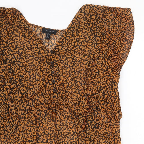 Topshop Womens Orange Animal Print Polyester Basic Blouse Size 8 V-Neck - Leopard Print