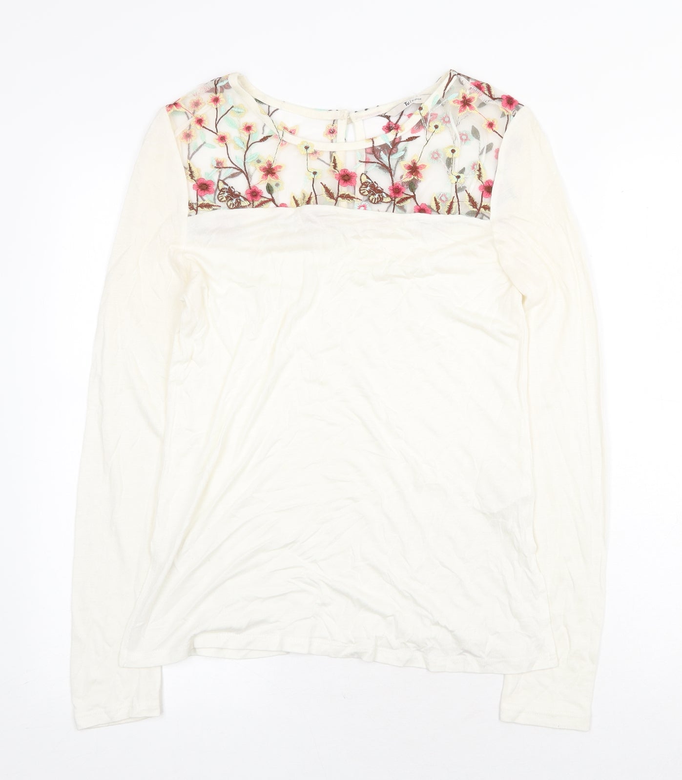 TU Womens Beige Floral Viscose Basic Blouse Size 8 Boat Neck