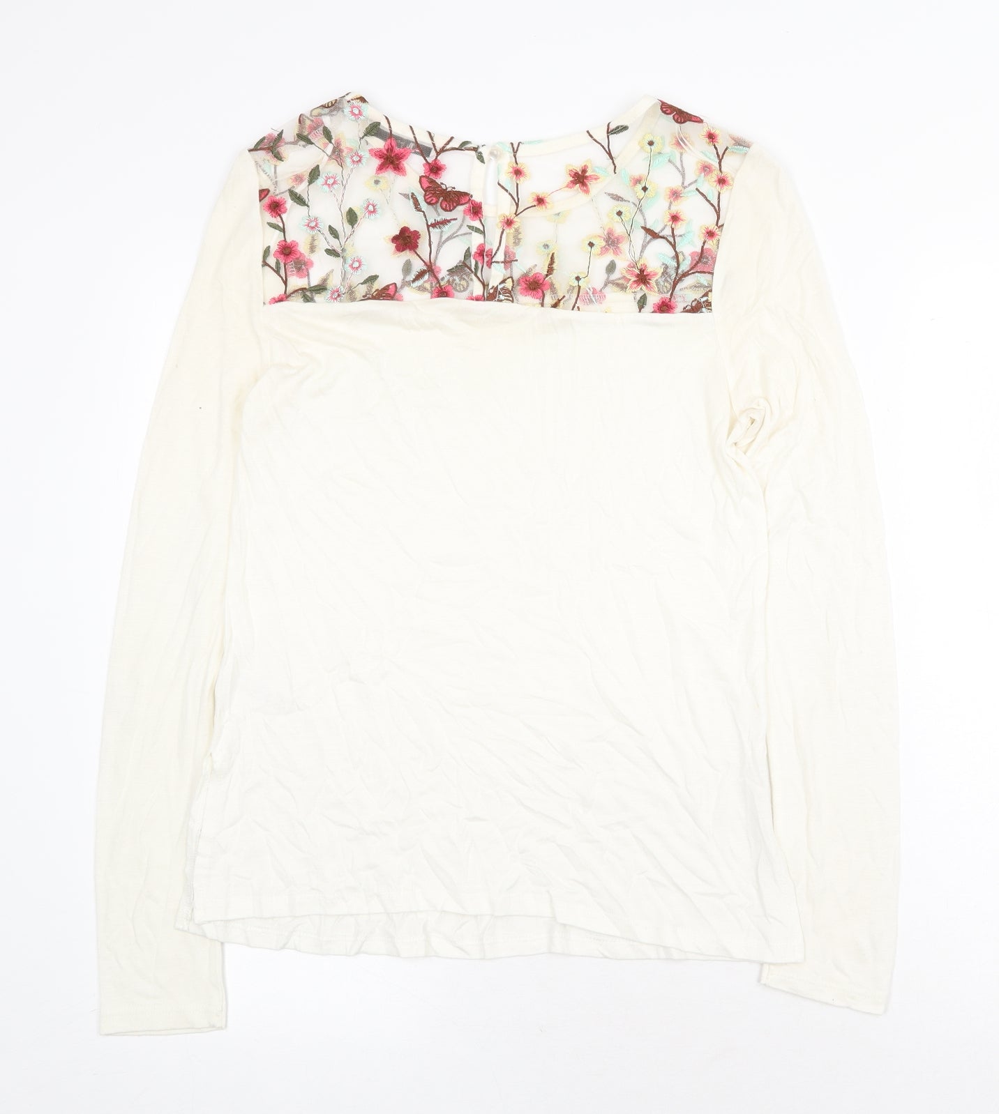 TU Womens Beige Floral Viscose Basic Blouse Size 8 Boat Neck