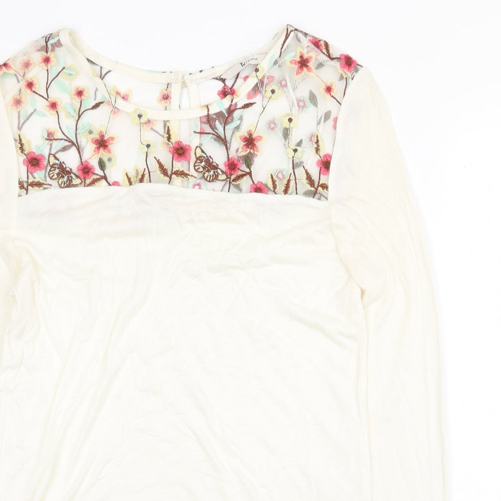 TU Womens Beige Floral Viscose Basic Blouse Size 8 Boat Neck