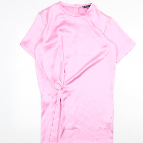 Zara Womens Pink Polyester T-Shirt Dress Size S Round Neck Zip