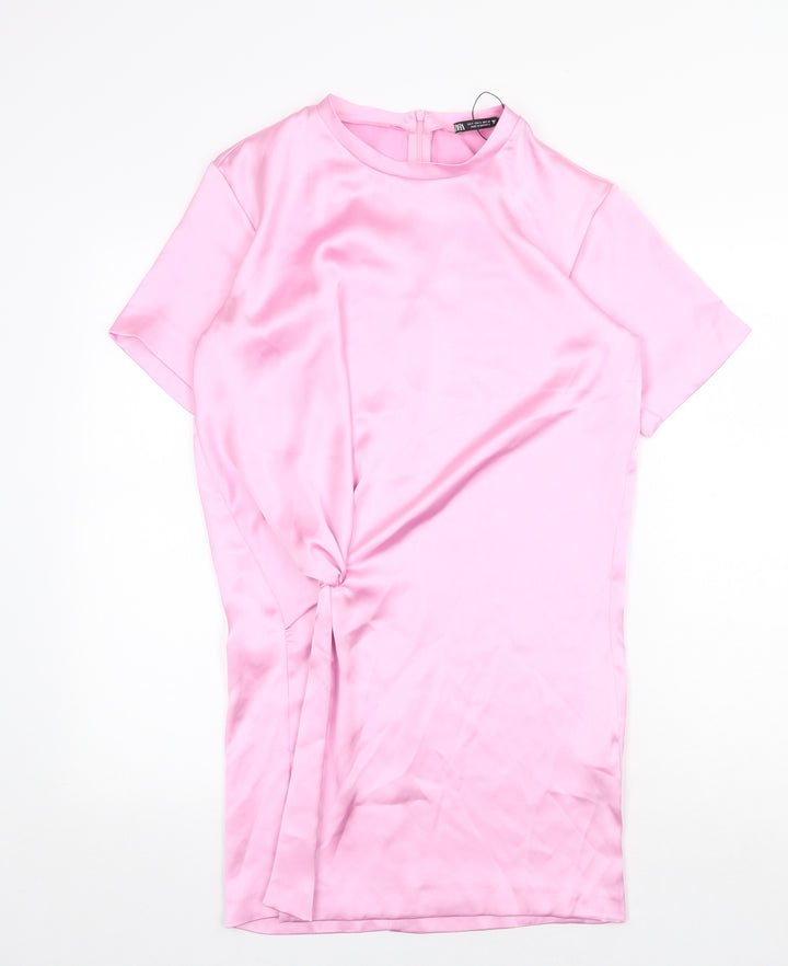 Zara Womens Pink Polyester T-Shirt Dress Size S Round Neck Zip