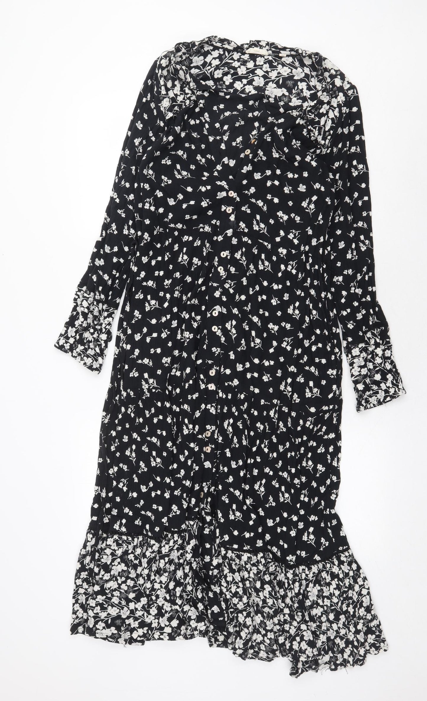 Fat Face Womens Black Floral Viscose Trapeze & Swing Size 10 V-Neck Button
