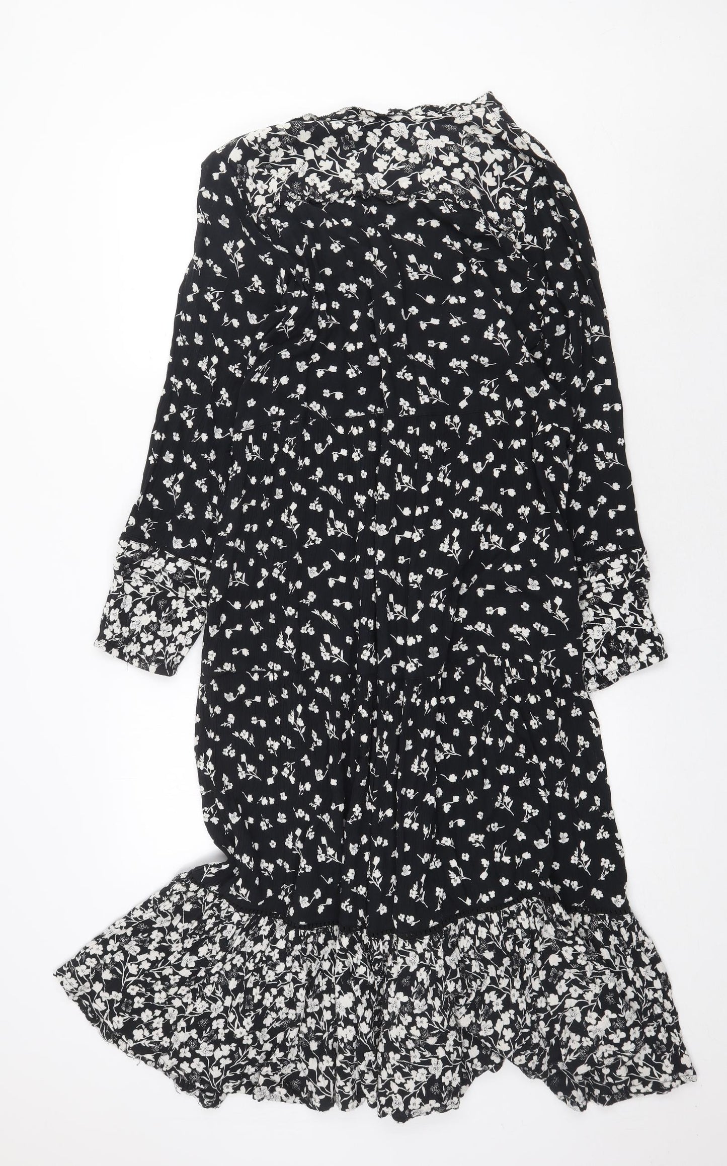 Fat Face Womens Black Floral Viscose Trapeze & Swing Size 10 V-Neck Button