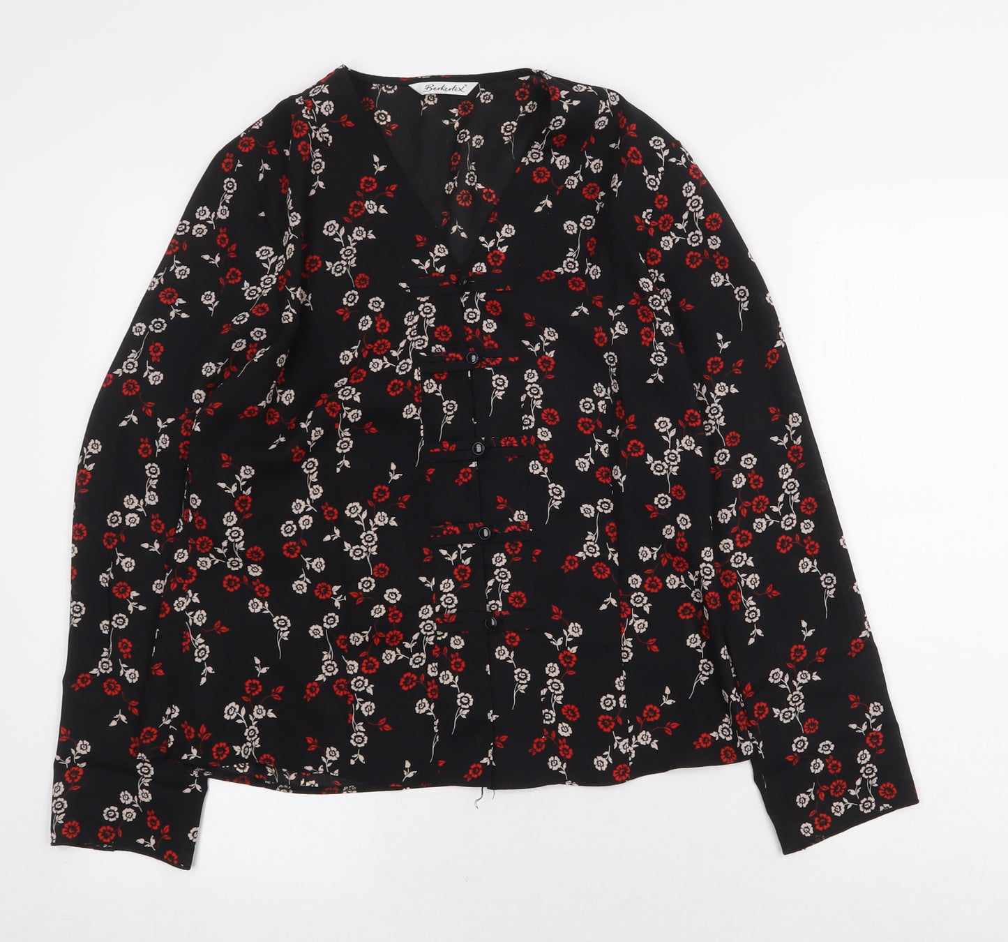 Berketex Womens Black Geometric Polyester Basic Blouse Size M V-Neck