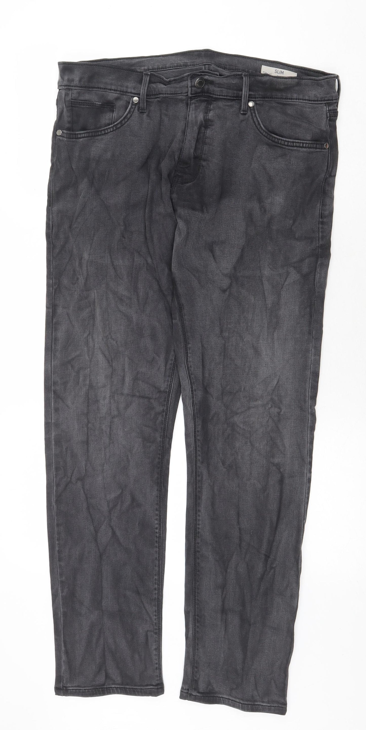 Marks and Spencer Mens Grey Cotton Straight Jeans Size 36 in Slim Zip