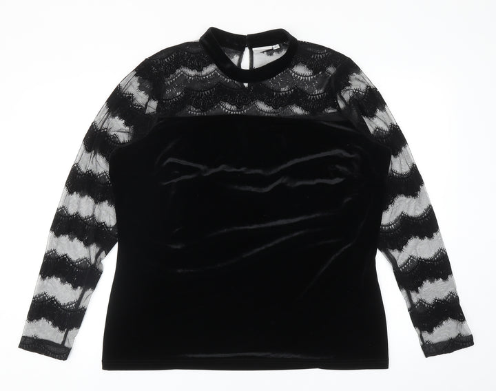 JUNAROSE Womens Black Striped Polyester Basic Blouse Size M Round Neck - Mesh Lace Sleeve