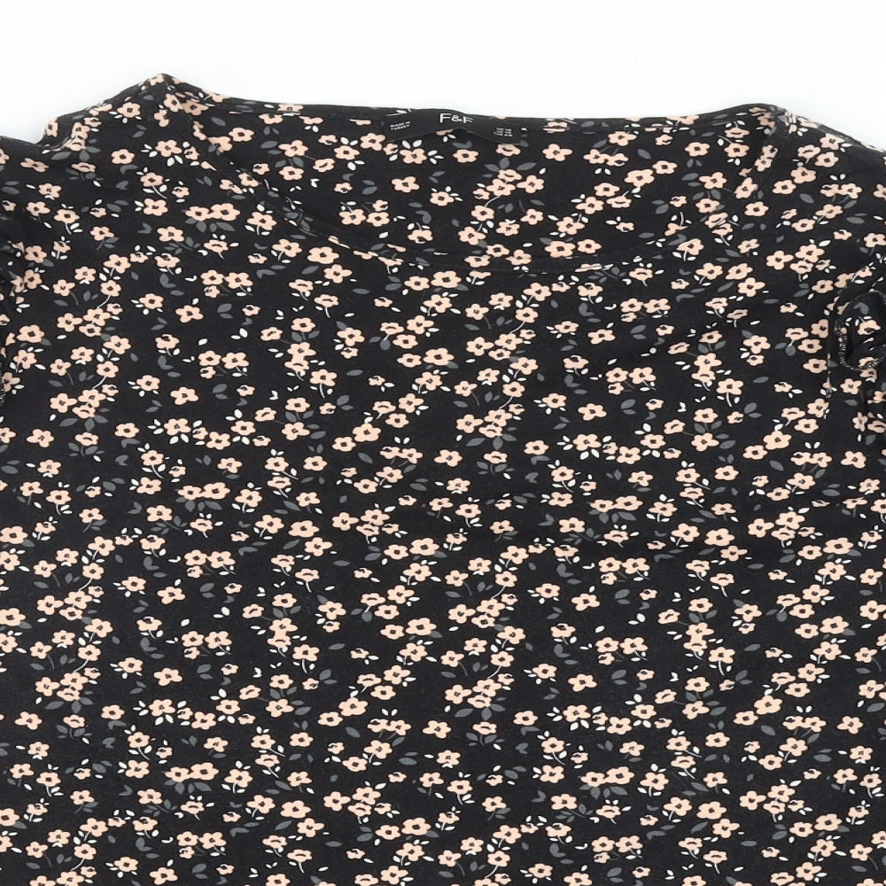 F&F Womens Black Floral Cotton Basic Blouse Size 18 Boat Neck