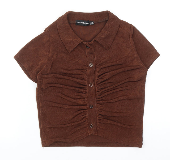 PRETTYLITTLETHING Womens Brown Polyester Cropped Button-Up Size 8 V-Neck