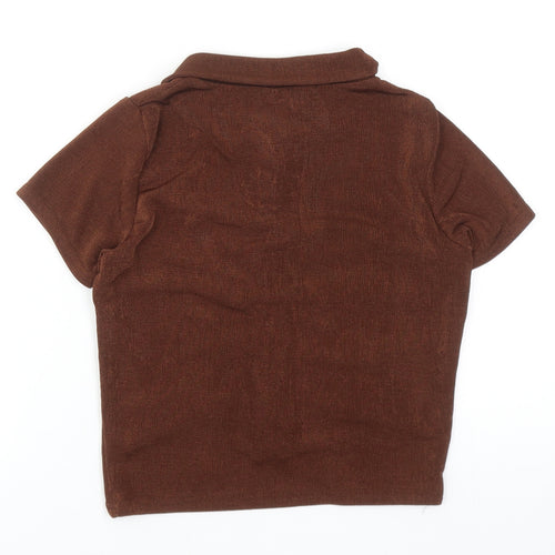 PRETTYLITTLETHING Womens Brown Polyester Cropped Button-Up Size 8 V-Neck
